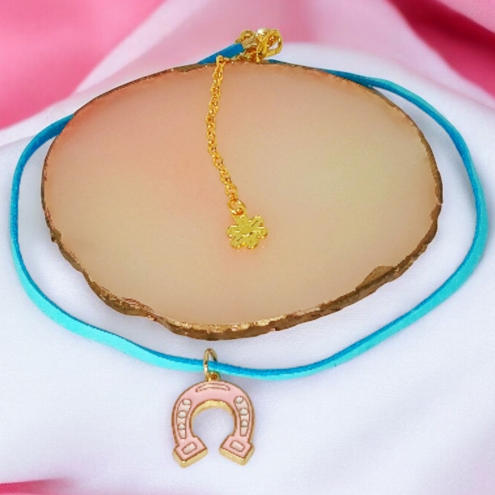 Pink Horseshoe Charm Choker Necklace Turquoise Leather Y2k Whimsigoth Western